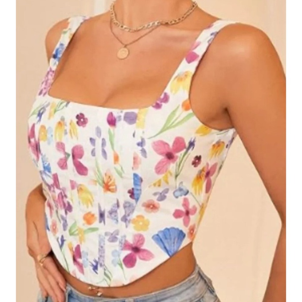 White Floral Cropped Corset Top Satin Medium Zipper Fairy Colorful Festival Boho